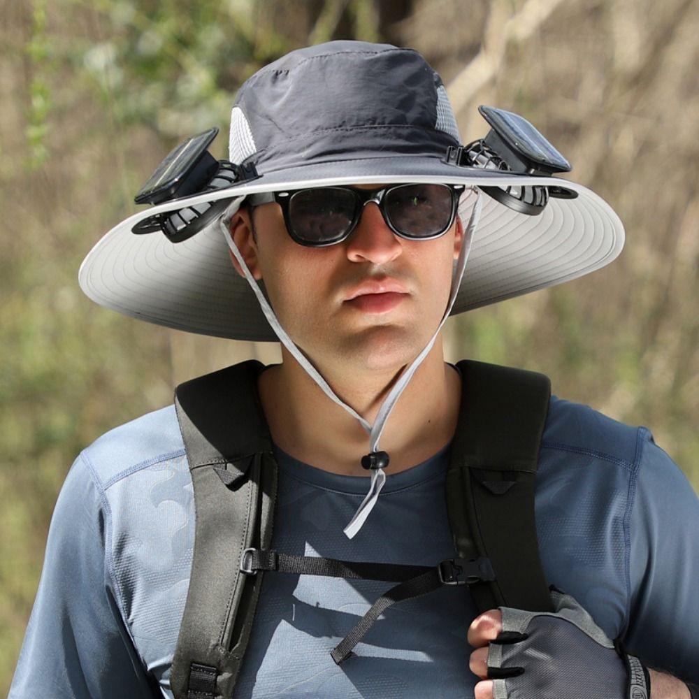 2 Solar Fan Wide Brim Sun Hat Breathable Sun Bucket Hat Practical Sun Hat with Solar Fan  Camping
