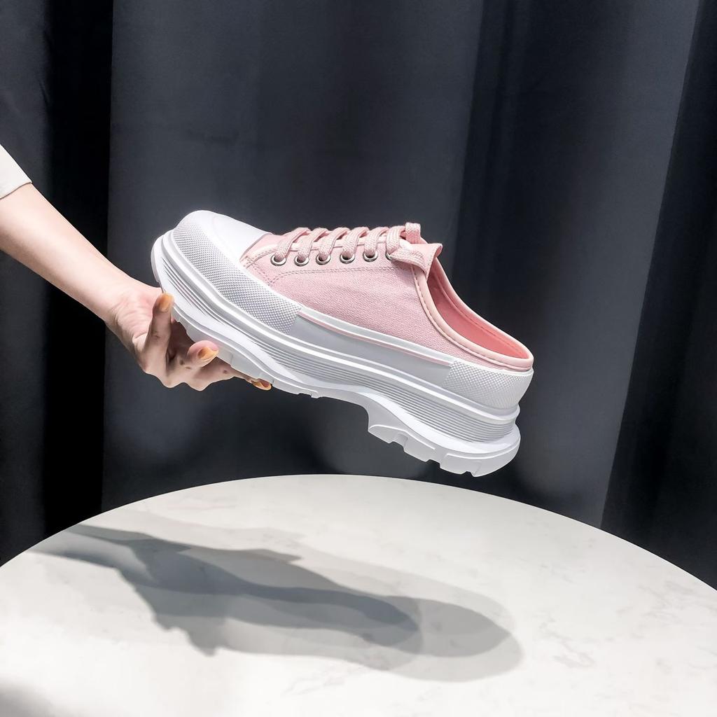 Sheepskin version~ spring and summer baotou half slippers women wear thick soles inside heightening canvas shoes Internet celebrity explosion white