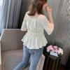 New 2022 Summer Vintage Elegant Women Chiffon Blouses Casual Mid Sleeve Blusas Femme Spuare Collar Solid Shirts Female Tops