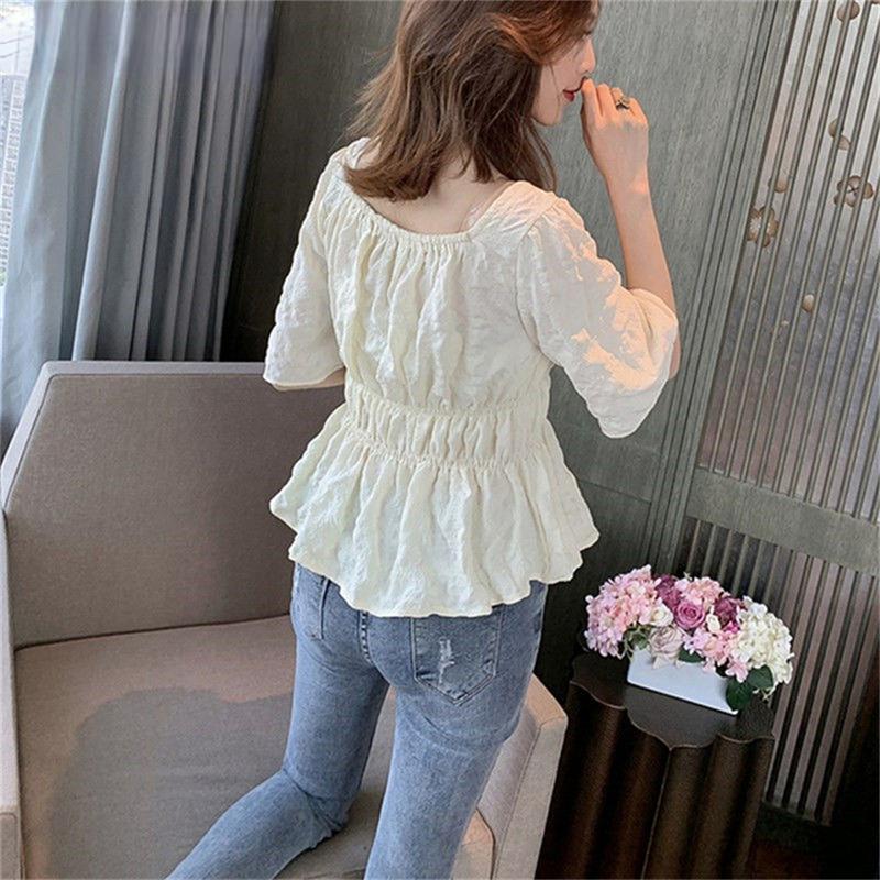 New 2022 Summer Vintage Elegant Women Chiffon Blouses Casual Mid Sleeve Blusas Femme Spuare Collar Solid Shirts Female Tops