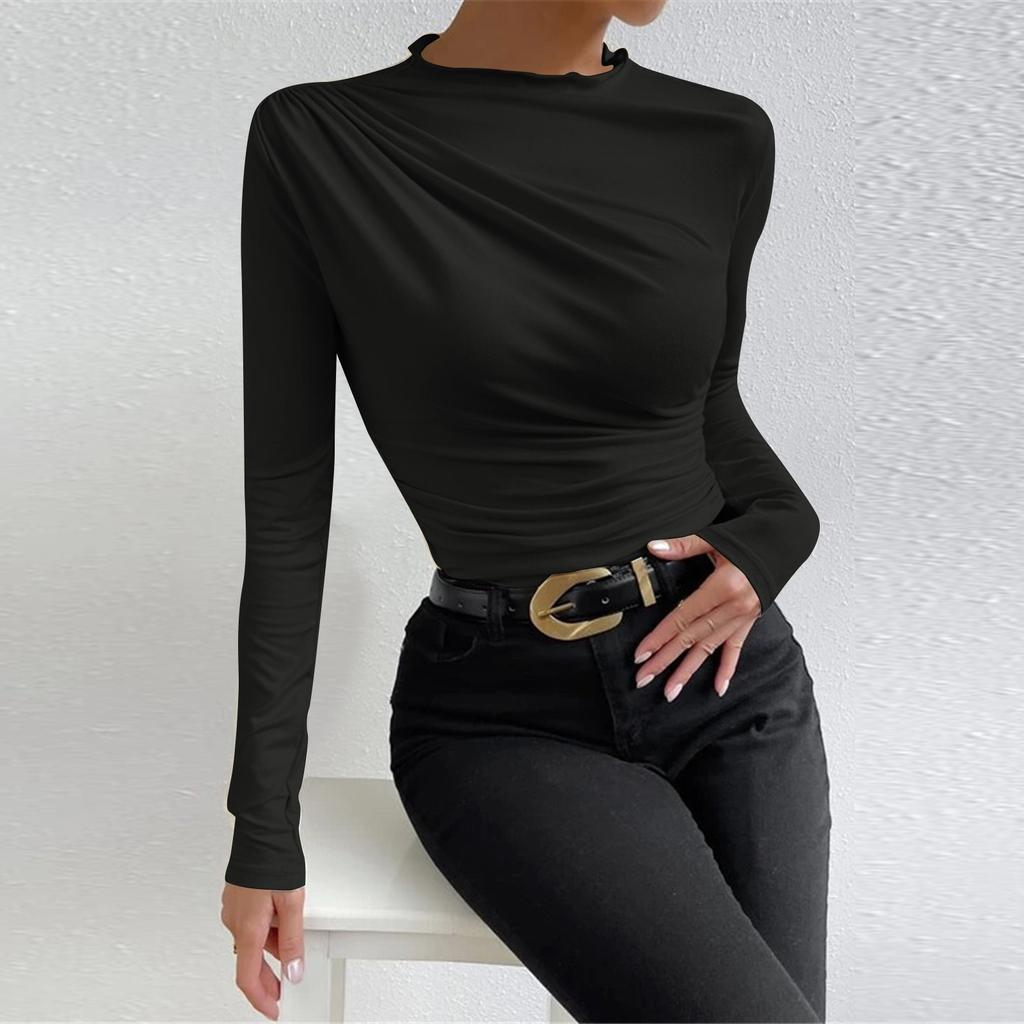 Women's Fashion Slim Versatile Pleated Solid Color Long Sleeve  Bottom  Down Shirt Sweatshirt Top