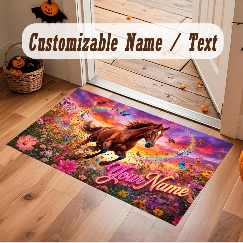 Horse Theme Soft Crystal Velvet Rug Custom Name & Text Print Non Slip Floor Rug for Bedroom Living Room