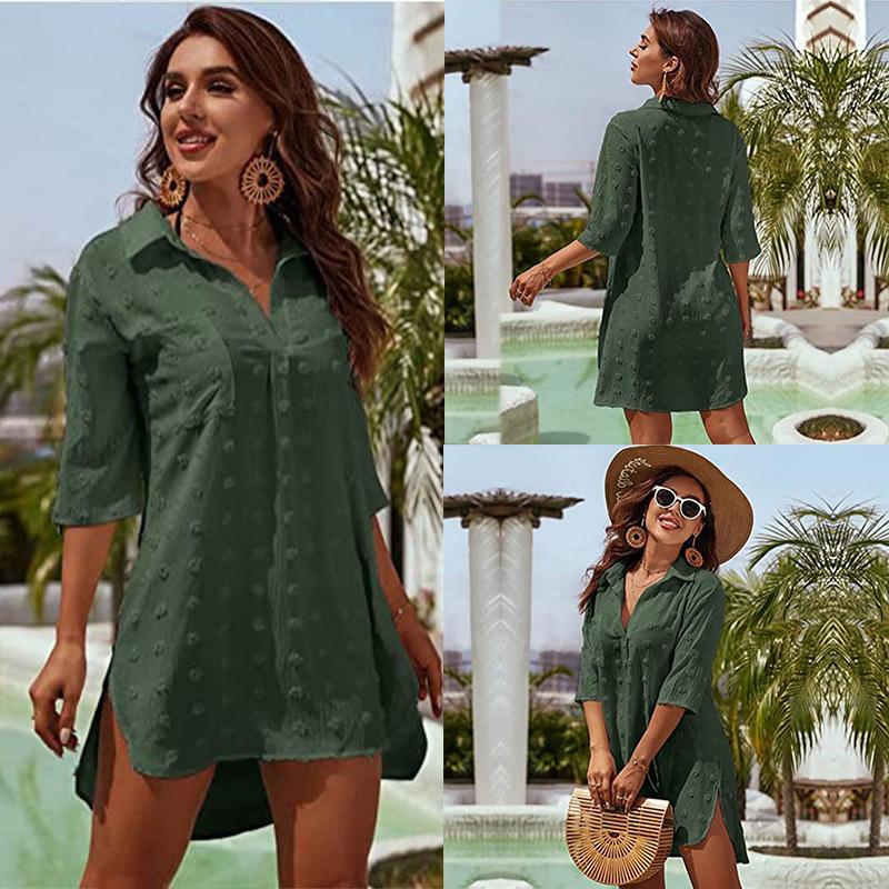Beach Shirts Solid Cover Ups for Swimwear with Pockets Women Summer Tunic Half Sleeve Holiday Bathing Suits