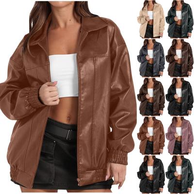 Veste en Cuir Mode Femme, Manches Longues, Revers, Fermeture Éclair, Poches Latérales, Manteau Coupe-Vent Décontracté