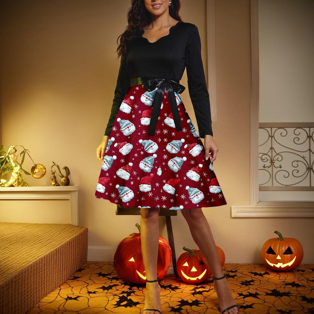 Women's Casual Fashion V-neck Long Sleeved Retro Christmas Print Retro Dress