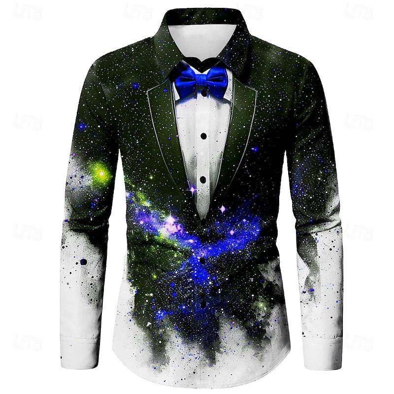 Herren Hemd mit Kragen Langarm Weihnachten Glitzer Dekor Lässiges Party Oberteil