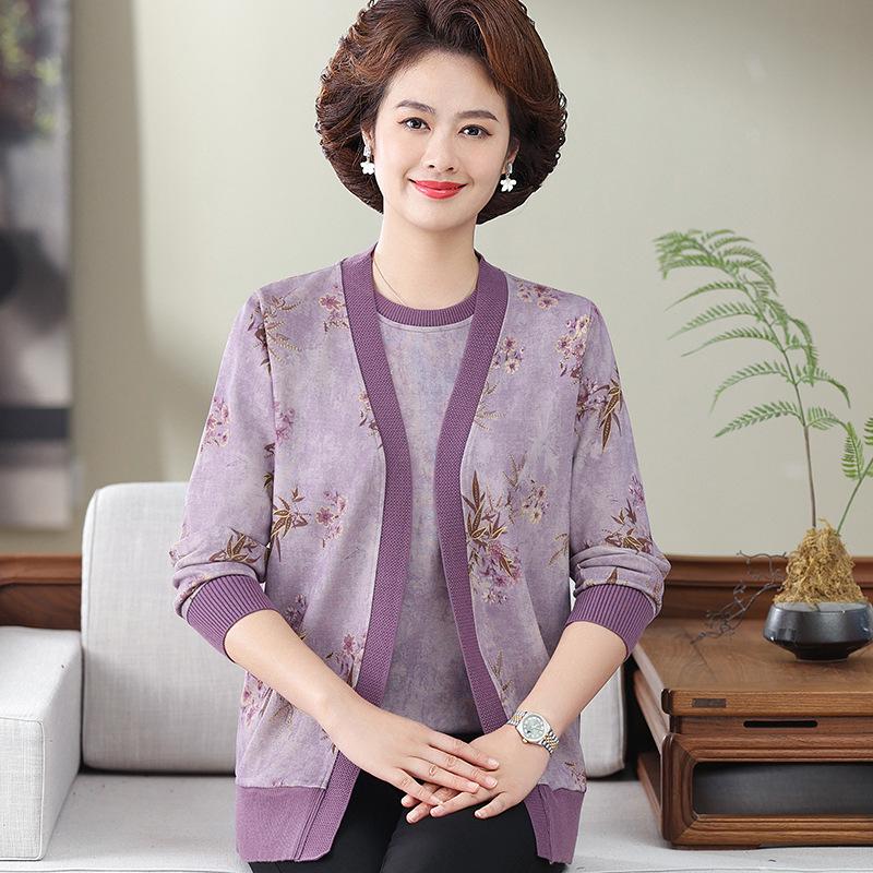 

Elderly Women s Spring Knit Cardigan Two-Piece Set - Belly Covering Lightweight Jacket 5XL (150-165 lbs) фиолетовый