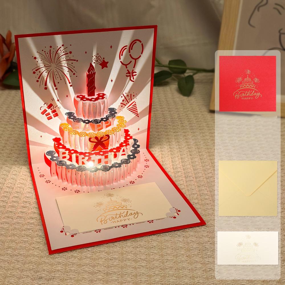 Alles Gute zum Geburtstag 3D Musik Leuchtende Karten mit Umschlag Musik Licht Leuchtender Kuchen Grußkarte Faltbare Pop-Up Geburtstagskarten