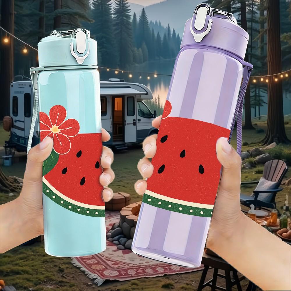 1PC Red Flower Watermelon Art Print 750ml Color Plastic Sports Water Bottle Leakproof Flip Straw Lid Suitable for Sports Office Home Use