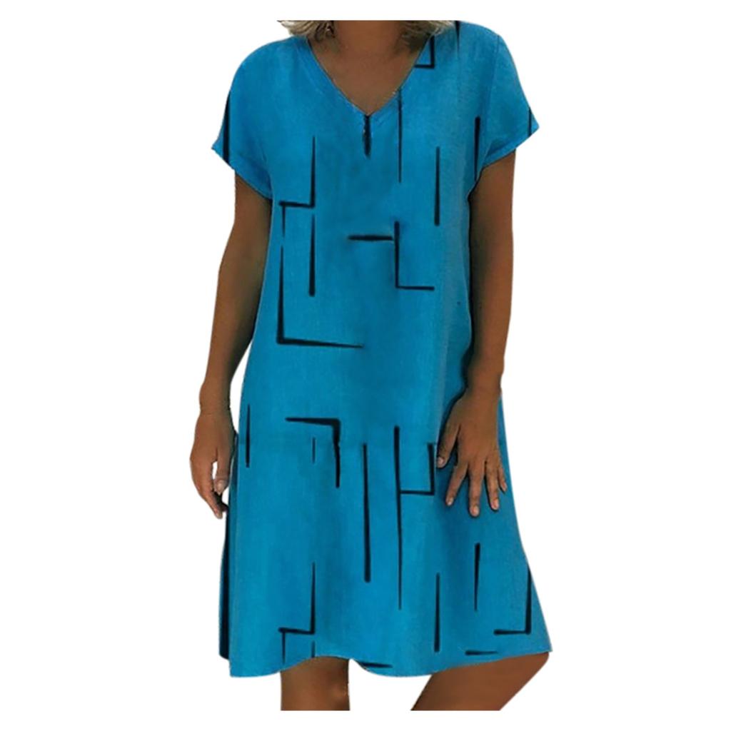 Folded Line Printing Loose Pullover Princess Dress V-neck Ladies Dress