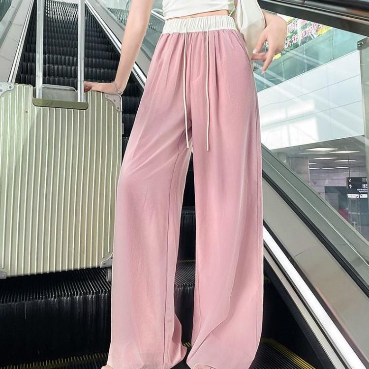 

Two-tone casual wide-leg pants for women, spring and summer versatile new high-waisted casual patchwork sports pants M розовый