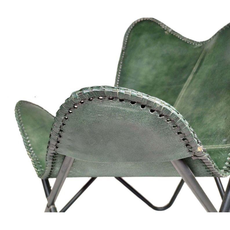 Green Leather Butterfly Chair with Black Stand - Genuine Buff Leather and Fully Comfortable Arm Rest Leather Chair