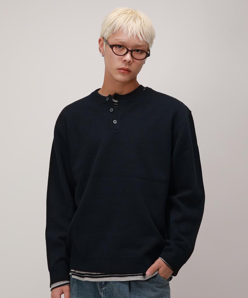 Dibellobeu Daily Henley Neck Round Knit_ Navy