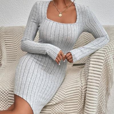 Autumn Square Collar Waist Irregular Hem Sexy Long-sleeved Dress