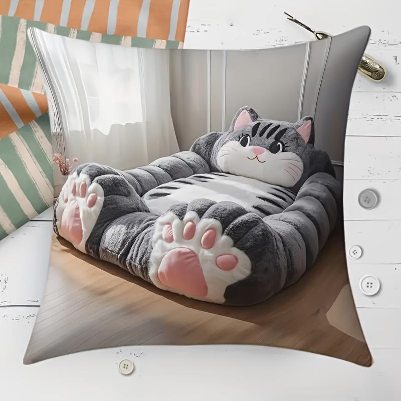 Cute Tabby Cat Pet Bed Pillow Cover 2D Visual Print Adorable Kitten Cushion Case For Sofa Bed Couch Cozy Cat Lover Home Decor