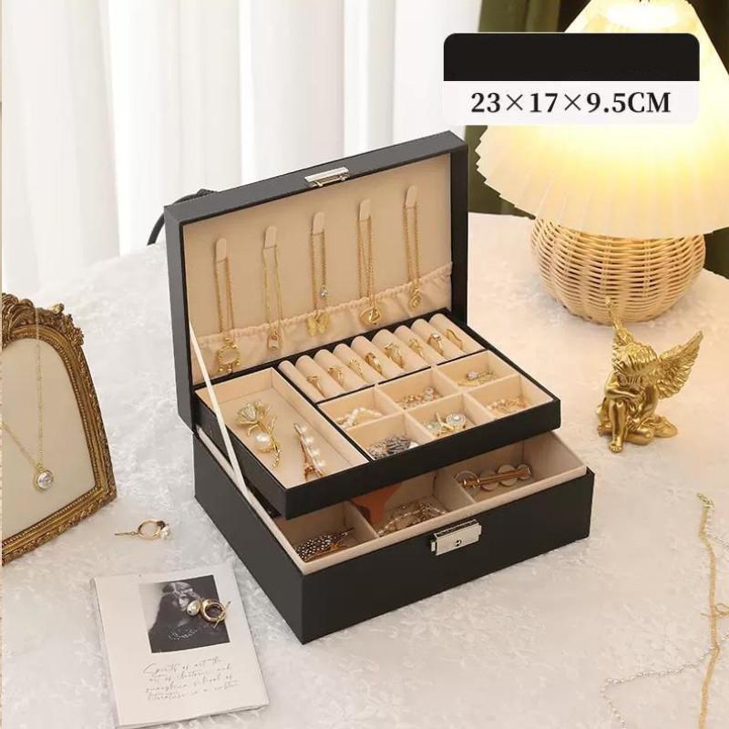 Classic Leather Jewelry Box With Multiple Layers For Elegant Storage Of Earrings Rings And Necklaces