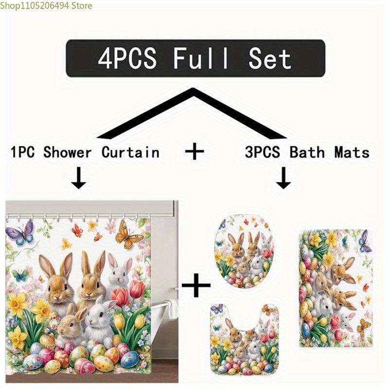 1/3/4pcs Easter Bunny & Egg Bath Set with Shower Curtain (180x180cm), Rug, U-Pad & Toilet Cover - Cute Spring Bathroom Decor,
