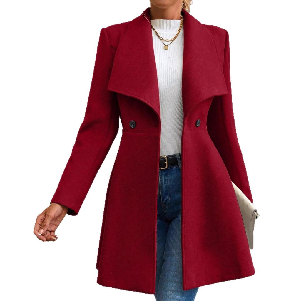 Women's Mid-Length Wool Blend Coat, Autumn Winter Wide Lapel Double Button Outerwear, Slim Fit Elegant Ladies Chic Notched Collar Overcoat
