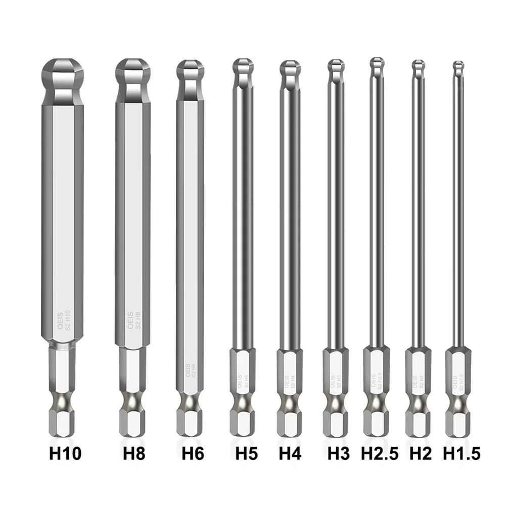 Ball End Hex Screwdriver Bits Set Metric Allen Hex Bits 100mm Long Magnetic Ball Head Driver Bit H1.5 H2.5 H3 H4 H5 H6 H8 H10