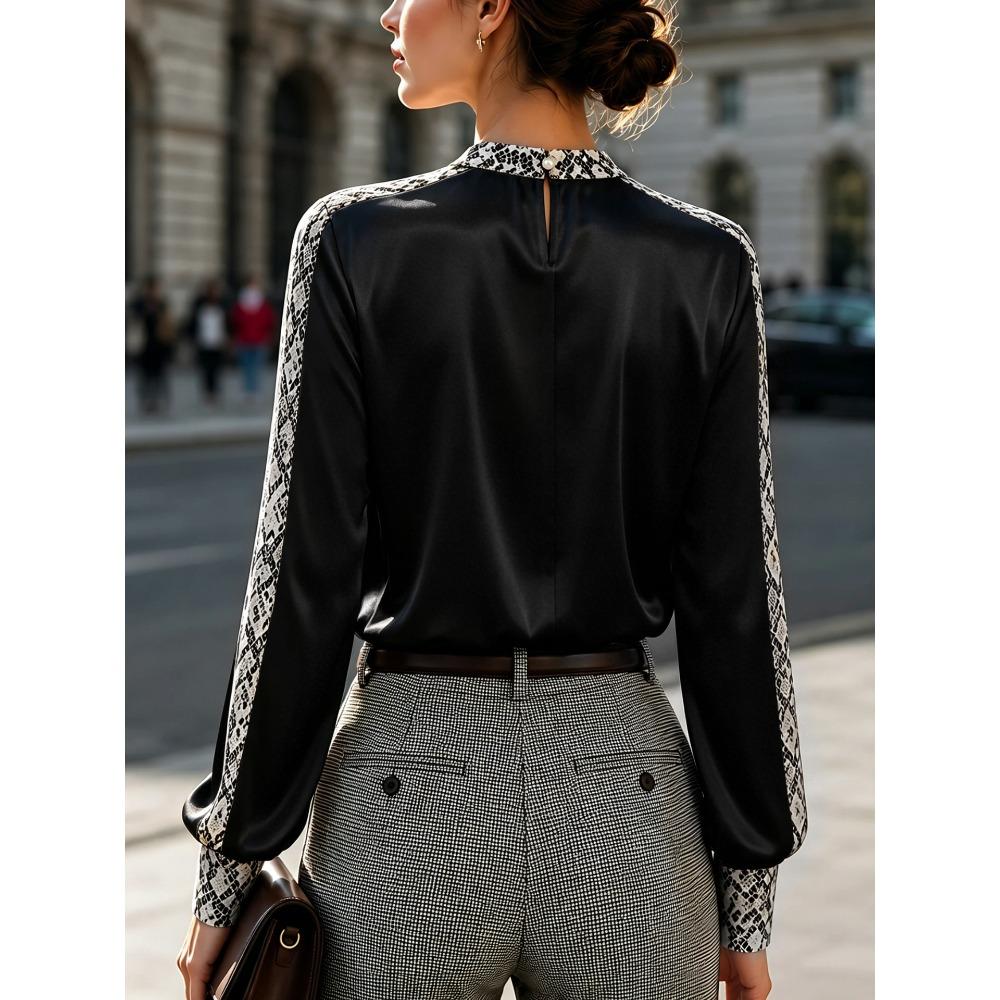 Satin-blend, Snake-print, Round-neck, Pleated, Loose-fit, Long-sleeved, Versatile Women’s Shirt