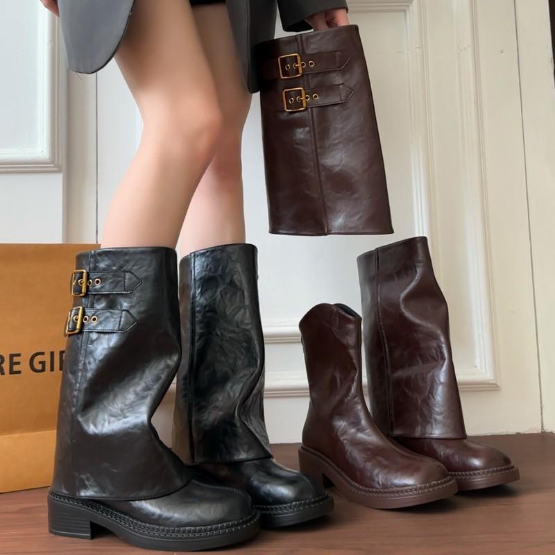 British style thick heel boots women's autumn new thin thick sole removable two wear stacked boots pants tube boots