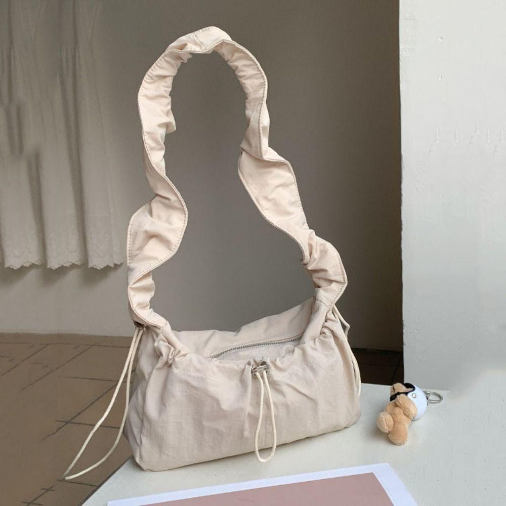 Drawstring Pleated Shoulder Bag Solid Color Nylon Underarm Bag Fashion Cloud Crossbody Bag  School