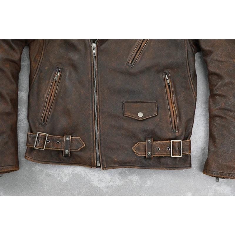 Chinesische Größe Rindsleder Ledermantel Herren Retro Distressed Motorrad Fahrradbekleidung Trendy Jugend LapeSpring und Herbst Mantel