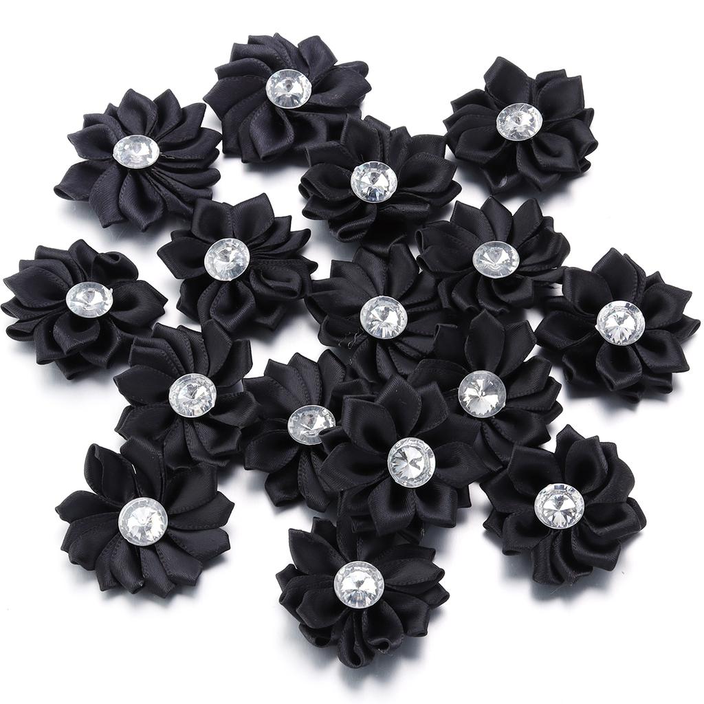 20pcs 4cm Mini Satin Ribbon Flowers Colorful Rhinestone Handmade Flowers For DIY Clothing Sewing Headwear Decoration Accessories