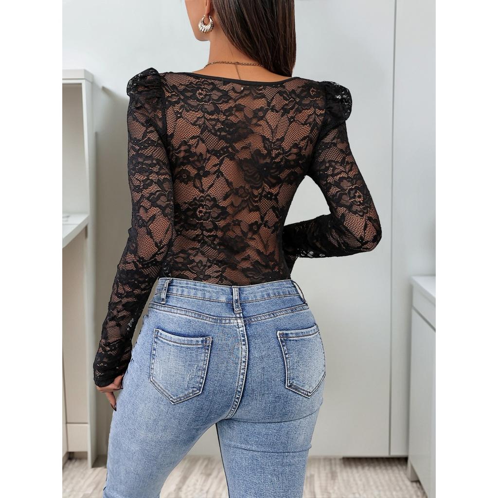New Elegant Sexy Lace Trim Square Neck Tight Bodysuit Women's Fashion European American Style
