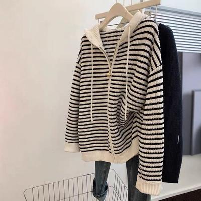 Black and White Striped Hooded Cardigan Zipper Long-sleeved Sweater Jacket Women's Small Loose Thin Knitted Top