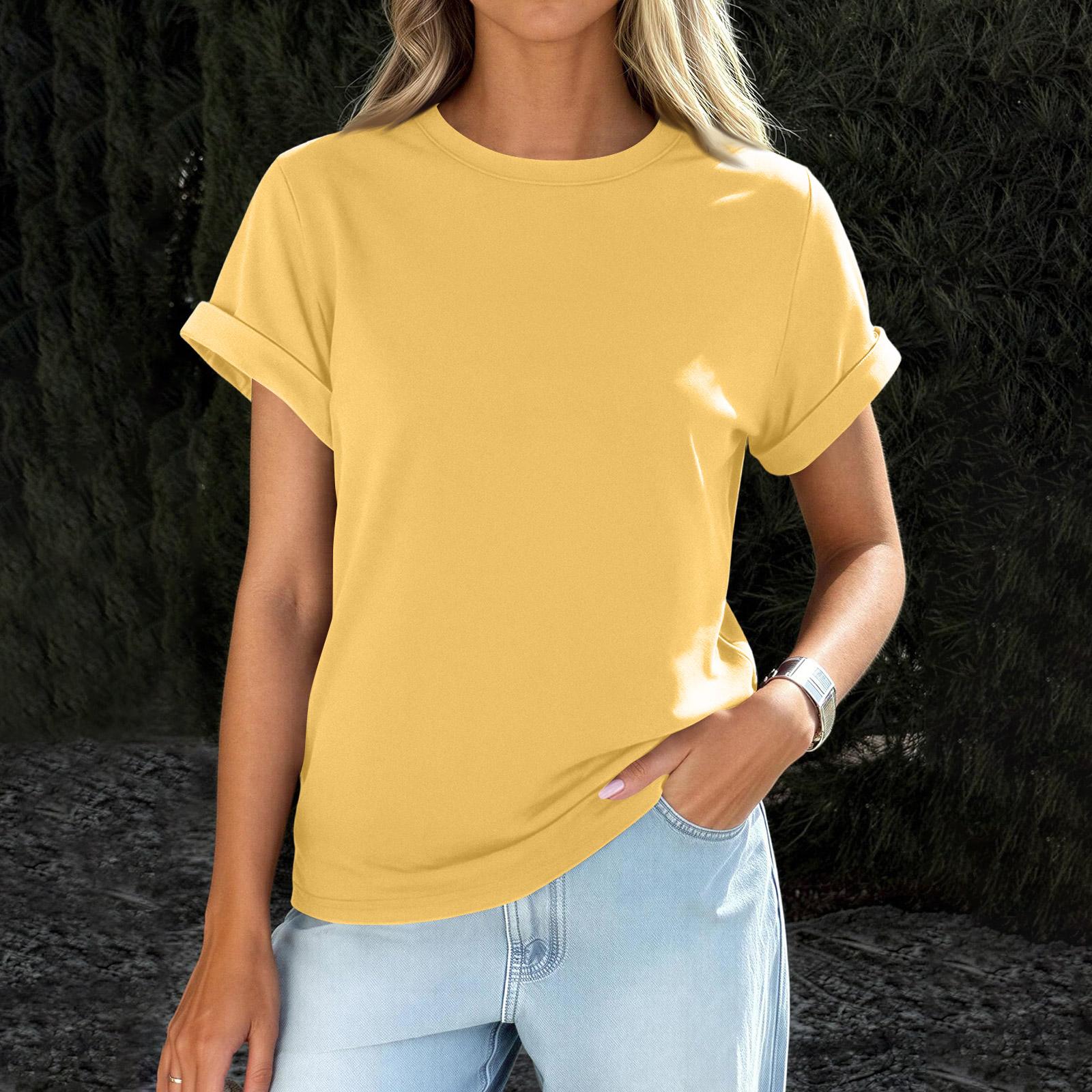 

Womens Casual Rolled Short Sleeve Basic Tees Fashion Tops XL жовтий