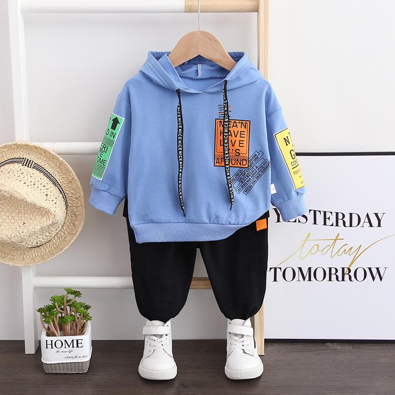 Frühling Herbst Baby Jungen Mädchen Baumwolle Kleidung Kinder Brief Mit Kapuze Hosen 2 Teile/sätze Infant Kind Mode Kleinkind Lässige Trainingsanzüge 120CM blau