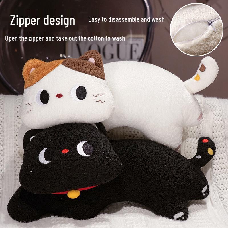 Japanese Three-Color Cat Plush Hugging Pillow for Girls' Bed - Cute Curved Sleep Doll
