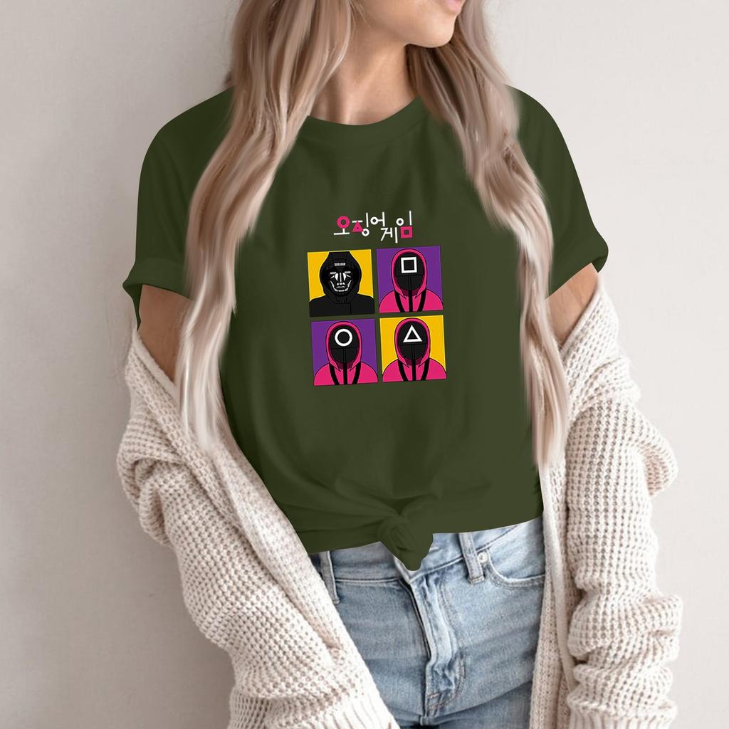 Damen Rundhals Bedrucktes Kurzarm T-Shirt Top