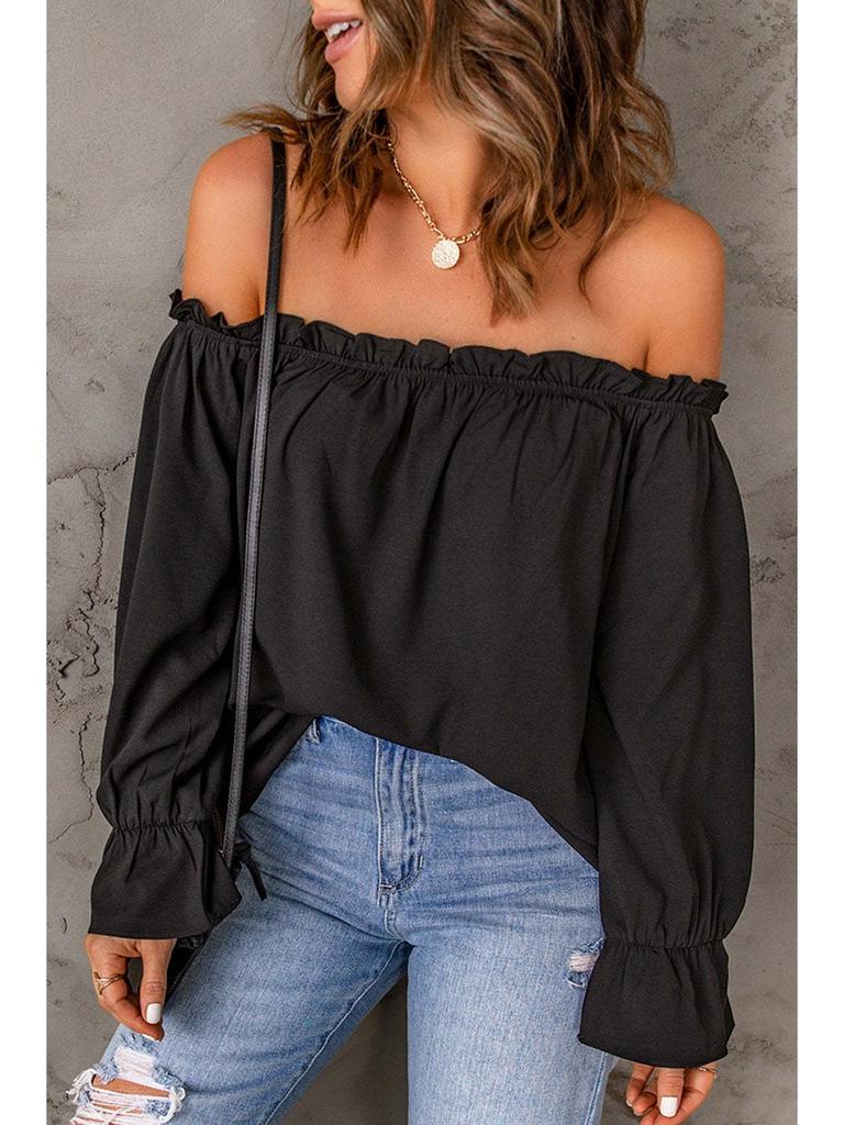 Women's Off-the-Shoulder Chiffon Blouse - European and American Style, Solid Color Pullover for Spring and Autumn, Sexy & Elegant.