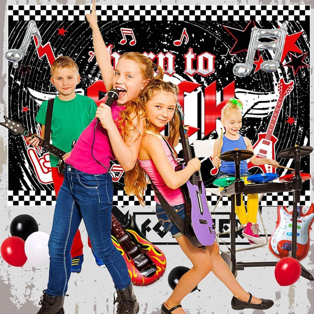 95 PCs Rock and Roll Party Decorations, Hombae Rock Music Themed Birthday Party Supplies Born to Rock Backdrop Balloon Garland Glitter Banner Cake