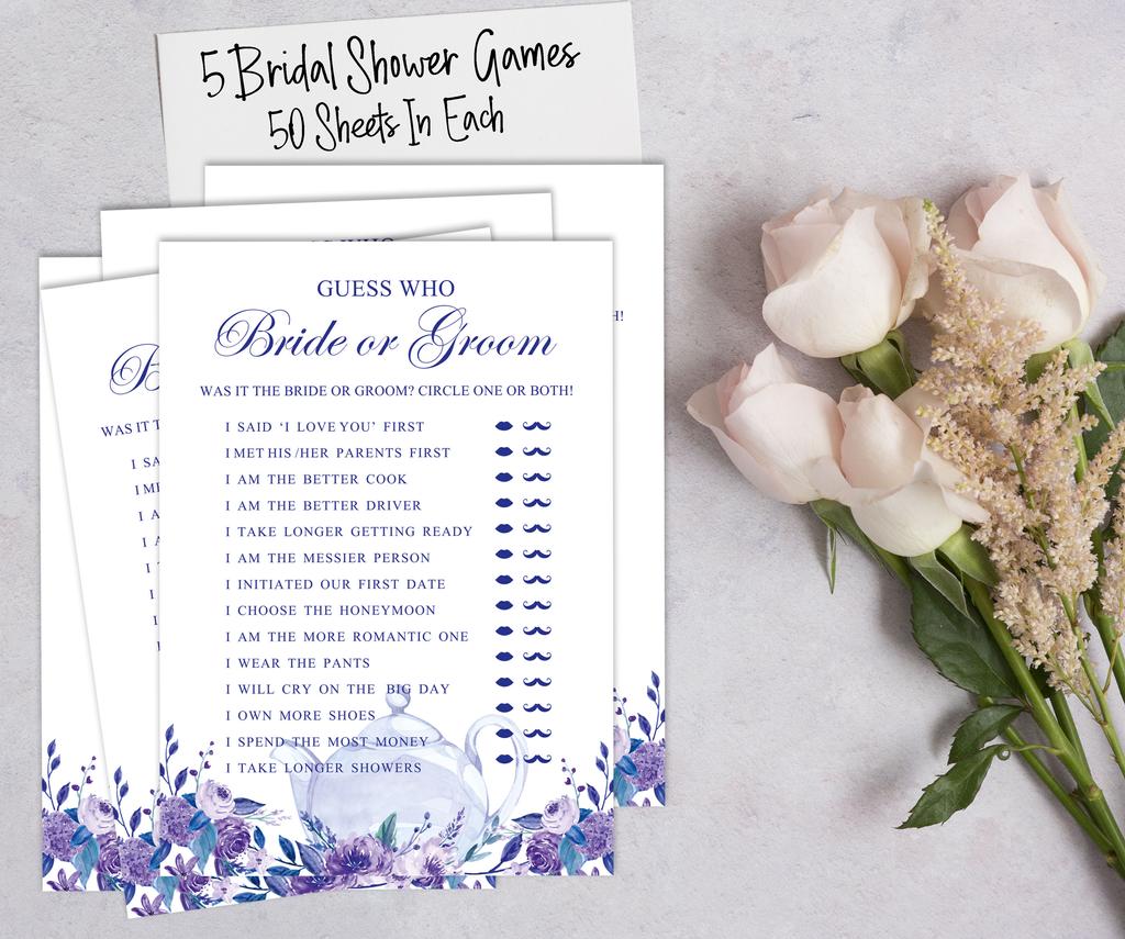 INKDOTPOT Floral Tea Party Theme Bachelorette Party Games Set Bundle of 5 (Activities for 50 Guests) Fun Bridal Shower Games Set