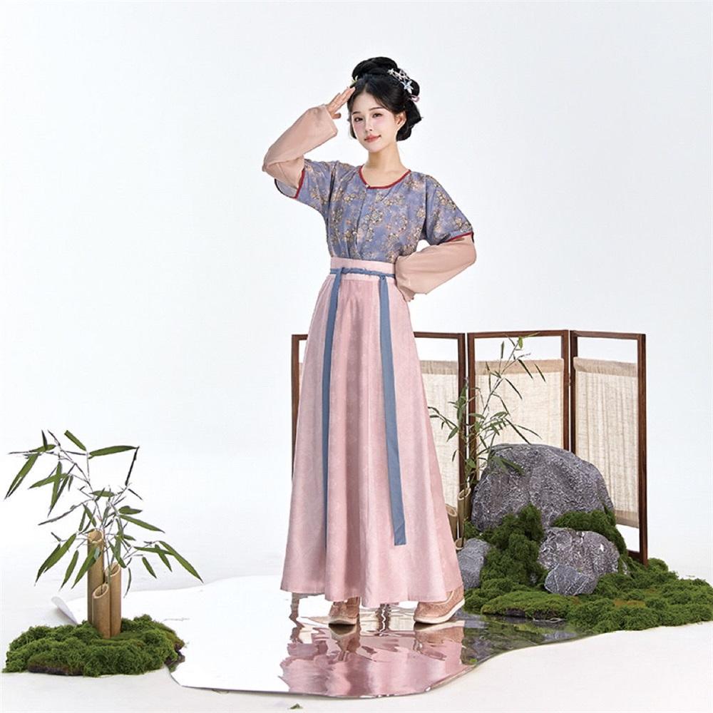 Restore The Chinese Tang Dynasty Style Hanfu Round Neck Shirt Tang Bei Zi And One-piece Skirt Daily Suit For Women