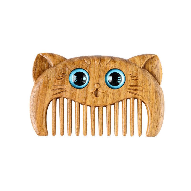 Green Sandalwood Compact Cat Comb - Mini Wooden Hair Comb for Children, Portable and Engraved.