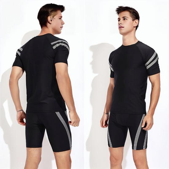 Herren Badeshorts Wassersport Oberteil O-Ausschnitt Kurzarm Slim Fit Elastisch Atmungsaktiv Schnelltrocknend Gestreift Knielange Hose Surfen Waten Sport