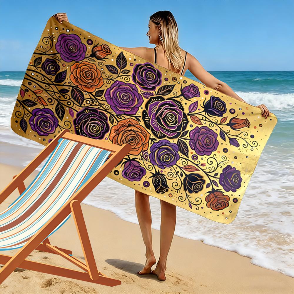 Purple and Orange Roses on Gold Background Beach towel quick-drying for travel outdoor sports jogging beach and swimming