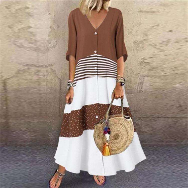 

Vintage Fashion Women Loose Swing Maxi Dress Long V Neck Half Sleeve Female 5XL коричневый