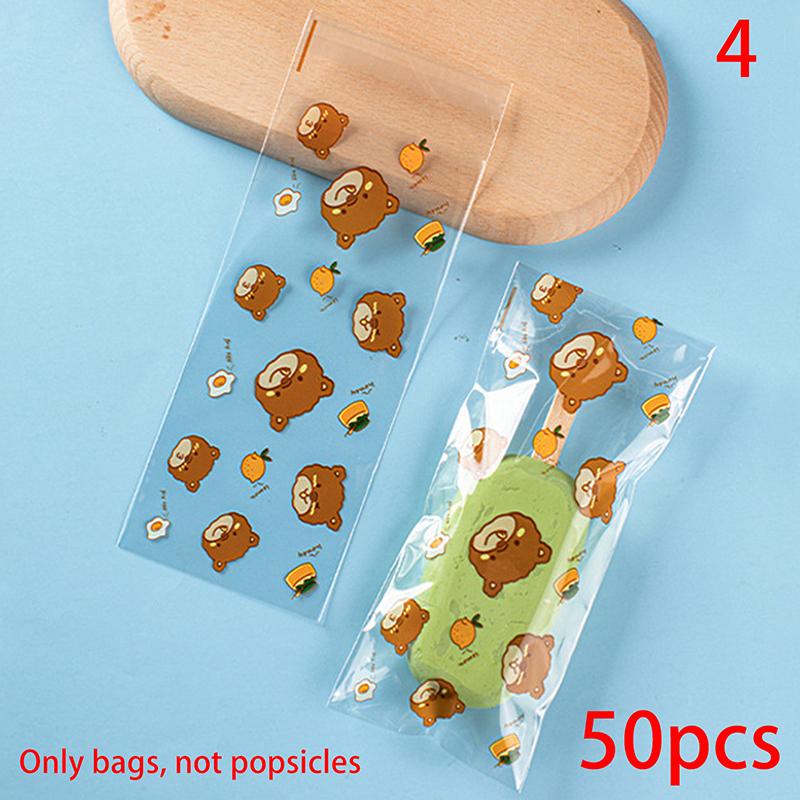 50Pcs/Set Cartoon Food Grade Ice Pop Bags Disposable Plastic Popsicle Bags Freeze Treat Storage Transparent Ice Popsicle Mold Ba