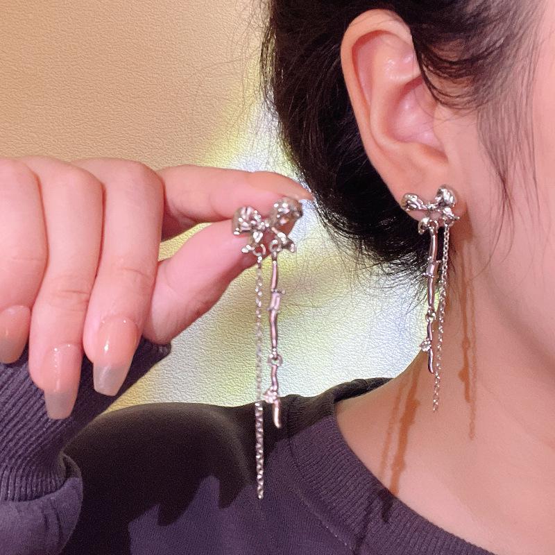 Zircon Bow Tassel Earrings: 925 Silver, Trendy, Versatile, Light Luxury