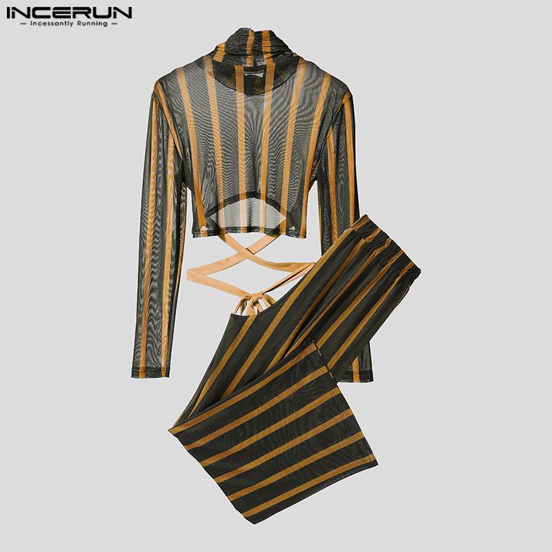 INCERUN Two-piece Men Long Sleeve Striped Mesh Sheer Crop Tops Elastic Waist Pants Sets