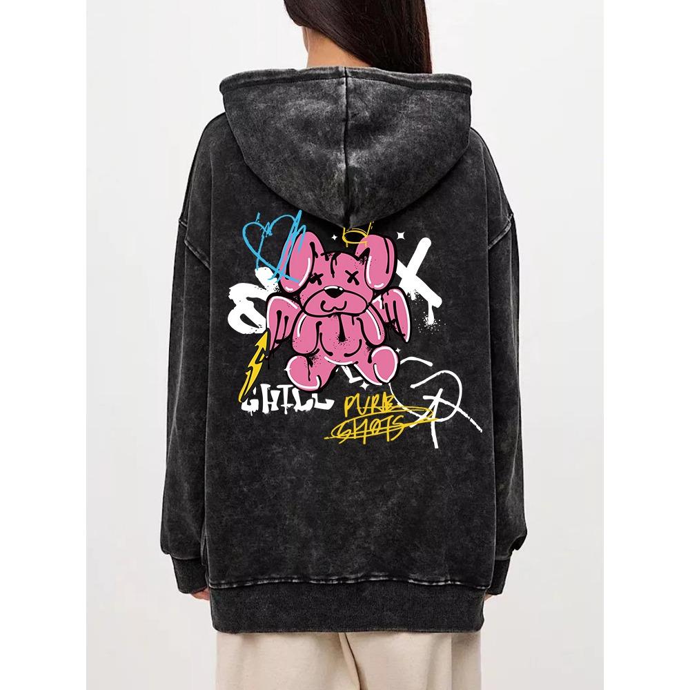 Vintage Womans Washed Hoodies Cute Rabbit Angel Graffiti Prints Pullovers Pocket Oversize Cotton Hooded Fashion Clothes