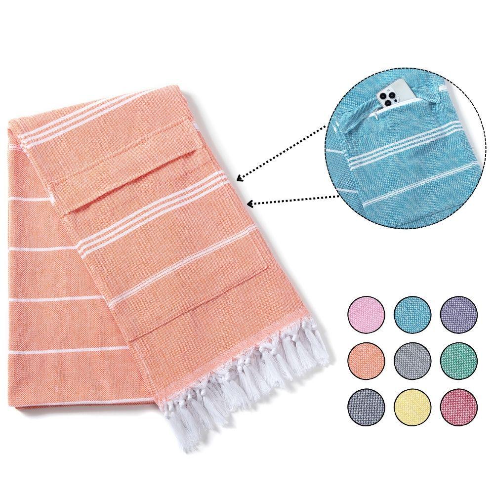 Cotton Striped Tassel Beach Towel with Invisible Zipper Pocket - Quick Dry & Absorbent