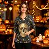 Women's Casual Halloween Print Uniform Top with V-Neck, Pockets and Side Slit, Three-Quarter Sleeve