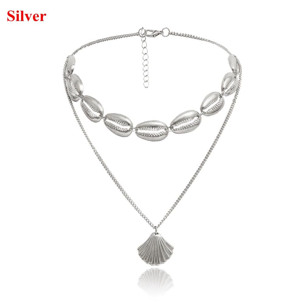 Summer Golden Silver Gifts Beach Jewelry Bohemian Multilayer Shell Necklace Cowry Seashell Pendant