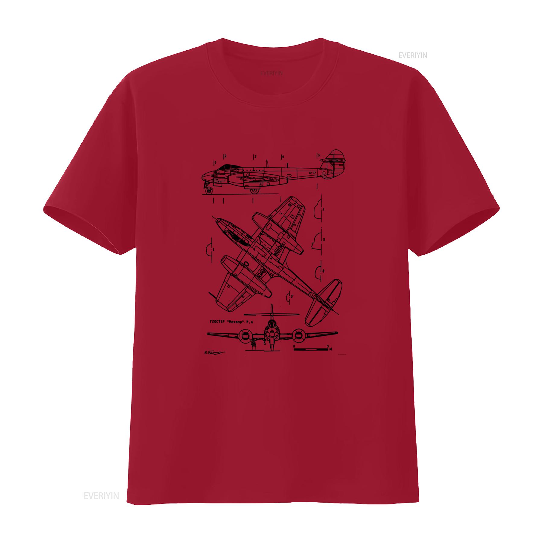 Mens Gloster Meteor WW2 Jet Fighter Aircraft Blueprint T Shirt Retro Aviation Design High Quality Print Unique for Enthusiasts S